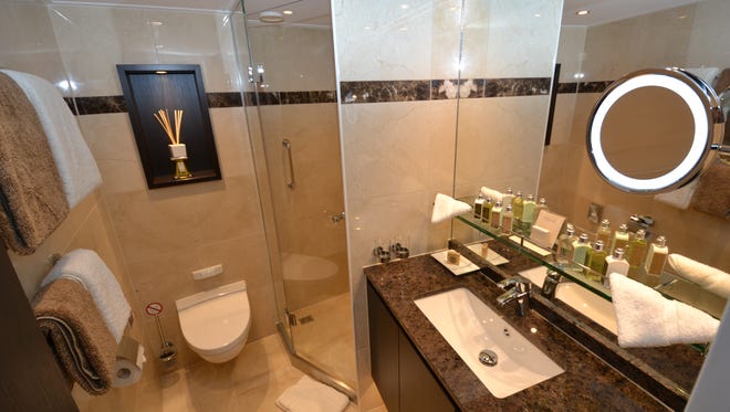 Cabin bathrooms on the Avalon Passion are spacious (for a river ship), rich with marble and boast luxurious amenities. Here, the bathroom of a Panorama Suite.