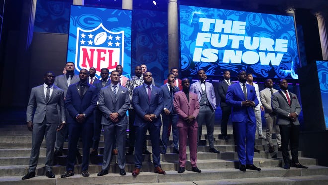 The 2017 NFL draft prospects pose before the start of the first round the 2017 NFL Draft at Philadelphia Museum of Art.