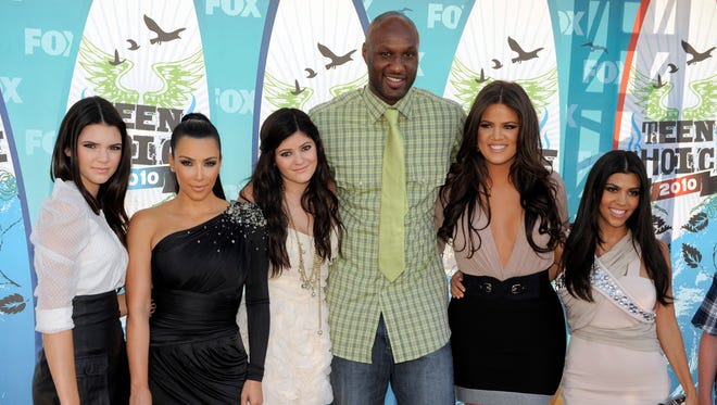 From left, Kendall Jenner, Kim Kardashian, Kylie Jenner, Lamar Odom, Khloe Kardashian and Kourtney Kardashian at the Teen Choice Awards in Aug. 2010.