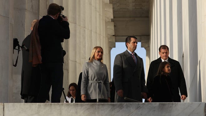 Donald Trump Jr. (2R) and his wife Vanessa (L) arrive at the Lincoln Memorial for the 'Make America Great Again! Welcome Celebration.'