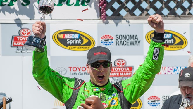 Busch celebrates his victory in the Toyota SaveMart 350 at Sonoma Raceway on June 28, 2015.