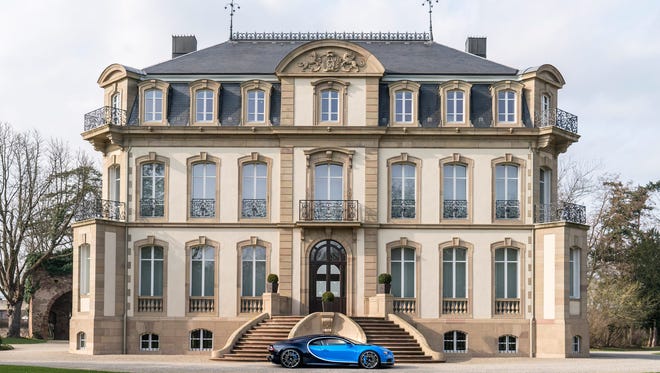 A Bugatti Chiron posed outside of a building on the campus of the Molsheim facility in France.
