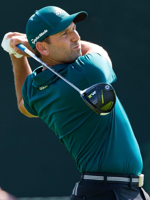 Spain's Sergio Garcia tees off on the 10th hole during practice rounds.
