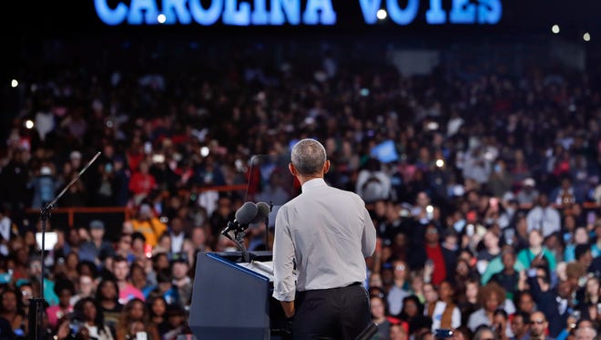 Obama speaks at PNC Music Pavilion in Charlotte, N.C., on Nov. 4, 2016, during a Clinton campaign rally.