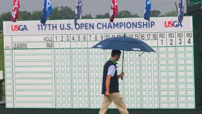 A light steady rain falls during practice rounds for the U.S. Open Golf Championship.