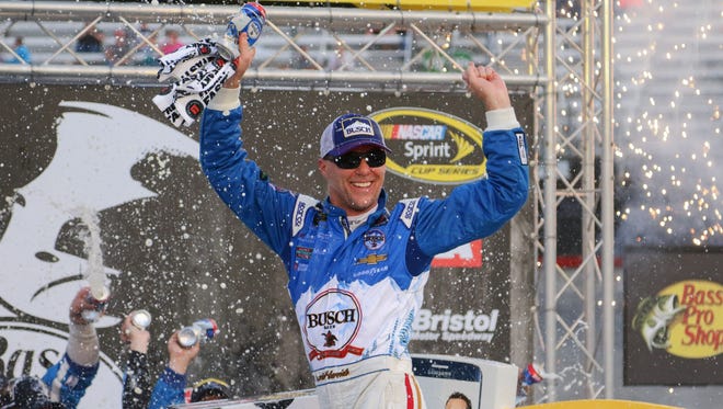 Aug. 21: Kevin Harvick wins the Bass Pro Shops NRA Night Race at Bristol Motor Speedway.