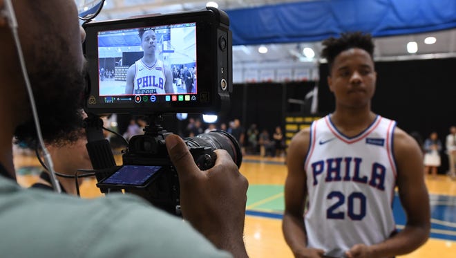 Markelle Fultz of the Philadelphia 76ers is interviewed by the media.