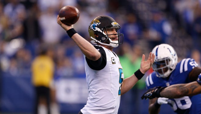 Jacksonville Jaguars quarterback Blake Bortles (5) throws a pass against the Indianapolis Colts at Lucas Oil Stadium.