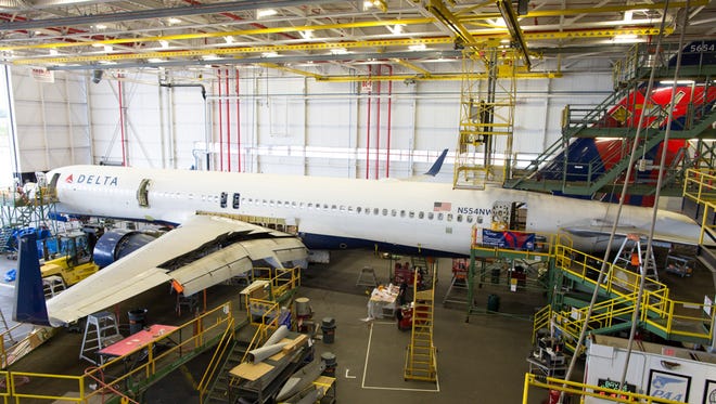 A Delta Air Lines Boeing 757-200 receives modifications at Delta's TechOps facility at its Atlanta, hub on April 29, 2016.