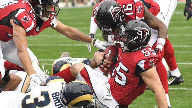 The Falcons recover Rams wide receiver Mike Thomas' fumble on the opening kickoff.