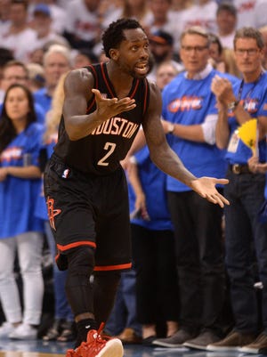 Houston Rockets guard Patrick Beverley (2) reacts after being called for a foul in action against the Oklahoma City Thunder during the fourth quarter in game three of the first round of the 2017 NBA Playoffs at Chesapeake Energy Arena.