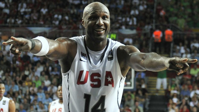 US Lamar Odom  celebrates after winning a point during  a World Cup Championship semi final basketball match US versus Lithuania in Istanbul. (Sep 2010)