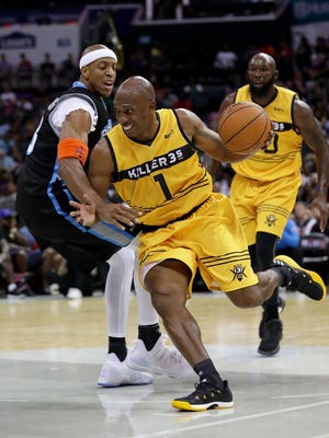 Chauncey Billups #1 of Killer 3s drives the ball against Jerome Williams #13 of Power during week two of the BIG3 three on three basketball league at Spectrum Center on July 2, 2017 in Charlotte, North Carolina.  (Photo by Streeter Lecka/Getty Images) ORG XMIT: 700058227 ORIG FILE ID: 805753844