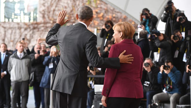 German Chancellor Angela Merkel welcomes Obama to Berlin on Nov. 18, 2016.