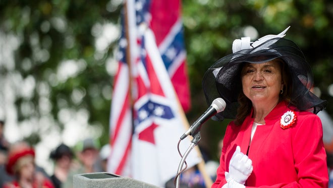 Gwen Williams, Confederate Memorial Day chair, speaks during a Confederate Memorial Day service outside the Alabama Capitol on Monday, April 24, 2017, in Montgomery, Ala.