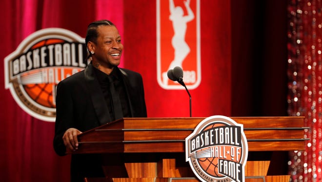 2016: Allen Iverson speaks at the Springfield Symphony Hall during the Naismith Memorial Basketball Hall of Fame Enshrinement Ceremony.