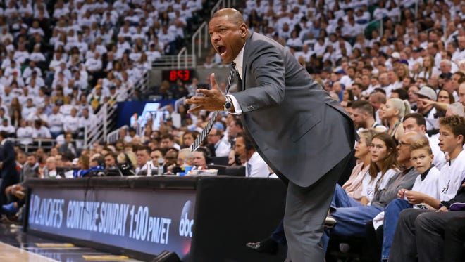 LA Clippers head coach Doc Rivers screams for a foul during the first quarter against the Utah Jazz in Game 6.