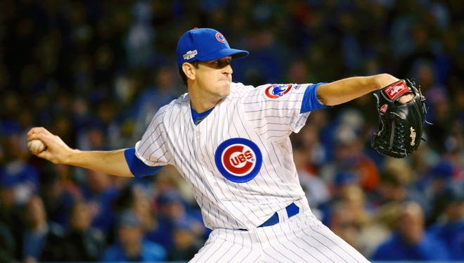 Game 2 at Chicago: Cubs starting pitcher Kyle Hendricks throws during the first inning.