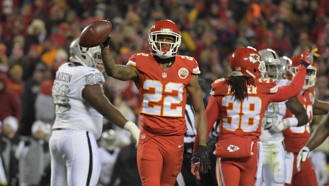 Dec 8, 2016; Kansas City, MO, USA; Kansas City Chiefs defensive back Marcus Peters (22) celebrates after a fumble recovery in the first quarter against the Oakland Raiders during a NFL football game at Arrowhead Stadium.