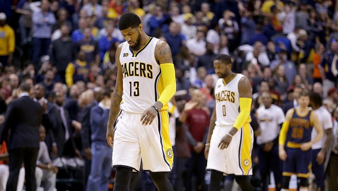 Indiana Pacers forward Paul George (13) reacts after missing a three-point shot that would have ties the game in the final seconds in the second half of their NBA playoff basketball game Sunday, April 23, 2017, afternoon at Bankers Life Fieldhouse. The Pacers lost to the Cavaliers 106-102.