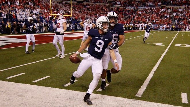 Penn State QB Trace McSorley (9) celebrates the Nittany Lions' win over Wisconsin.