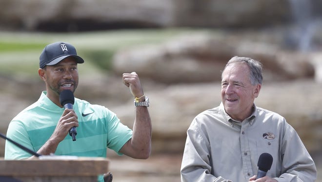 Tiger Woods and Johnny Morris during the announcement of Payne's Valley, a new golf course in Branson designed by Woods.