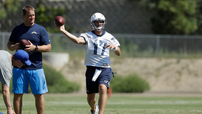 San Diego Chargers quarterback Philip Rivers (17) trains during a football practice Tuesday, May 23, 2017, in San Diego.