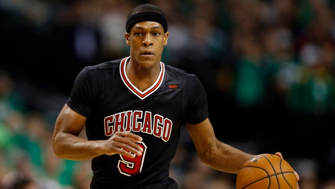 Chicago Bulls point guard Rajon Rondo controls the ball during the first quarter in Game 2 of the first round of the 2017 NBA Playoffs against the Boston Celtics at TD Garden.