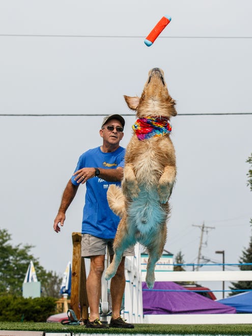 Fred Lukasik of Mukwonago throws a dummy for his dog "Jax" during the Pier Pups canine dock jumping competition hosted by Petlicious Dog Bakery in Pewaukee on Sunday, August 20, 2017.