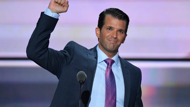 Donald Trump, Jr., acknowledges the crowd after speaking during the Republican National Convention on July 19, 2016.