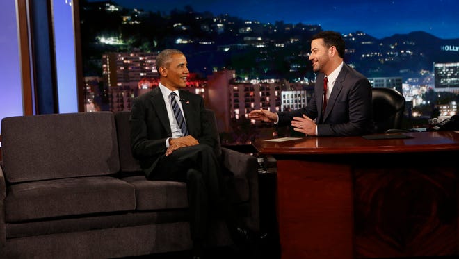Obama and Jimmy Kimmel talk during the taping of "Jimmy Kimmel Live!" in Los Angeles on Oct. 24, 2016.