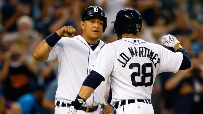 Trading J.D. Martinez, right, in the final year of his contract would make sense for the Detroit Tigers. Do they go for a full rebuild and dangle Miguel Cabrera, too?