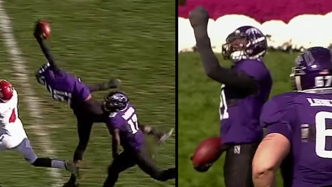 Northwestern safety Kyle Queiro makes crazy catch with his one good hand.