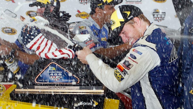 Aug. 1: Chris Buescher wins the Pennsylvania 400 at Pocono Raceway. The race was delayed because of inclement weather Sunday and called on lap 132 of 160 Monday because of fog.