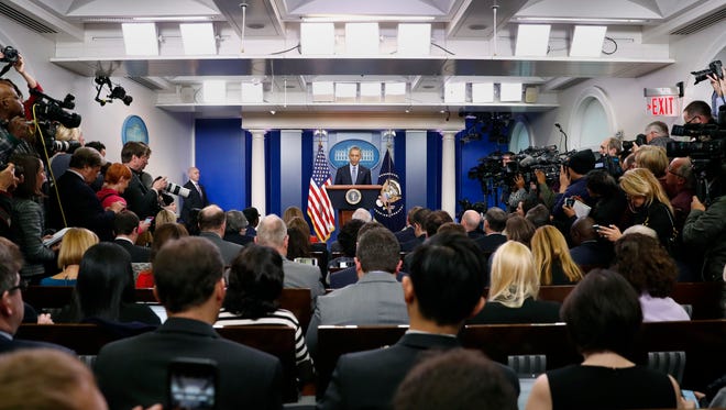 Obama speaks during his final presidential news conference on Jan. 18, 2017, in the briefing room of the White House.