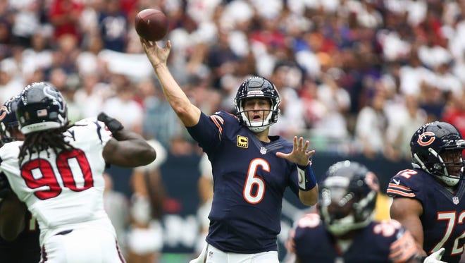 Chicago Bears quarterback Jay Cutler (6) attempts a pass during the first quarter against the Houston Texans at NRG Stadium.