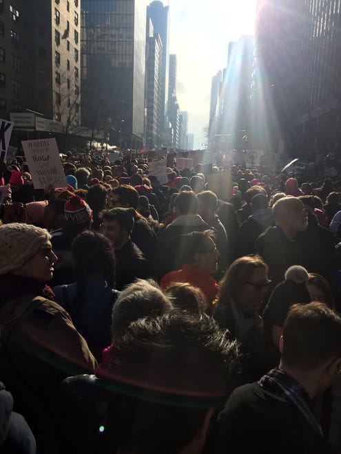 Protesters march during the women's March in New York, Saturday.
Tens of thousands of people took to the streets of London, Paris and other cities worldwide Saturday in solidarity with women-led marches in the United States, opposed to President Donald Trump the day after his inauguration.