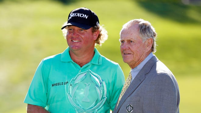 William McGirt poses with Jack Nicklaus following his the final round win of The Memorial Tournament at Muirfield Village Golf Club. Mandatory Credit: Joe Maiorana-USA TODAY Sports ORG XMIT: USATSI-234680 ORIG FILE ID:  20160605_cja_mb3_224.JPG