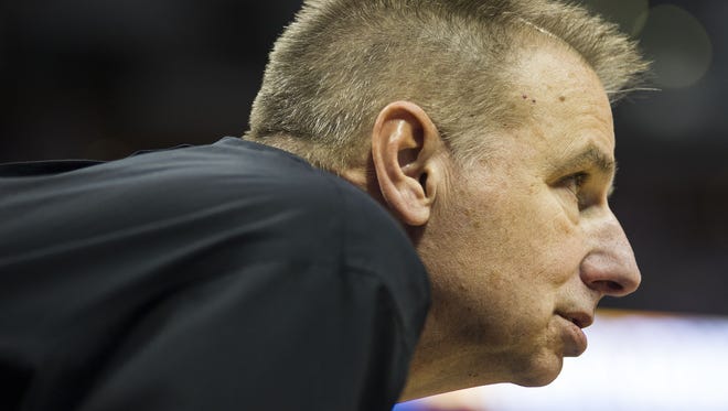 CSU coach Larry Eustachy watches play in the first half of the game against Kansas State in 2016.