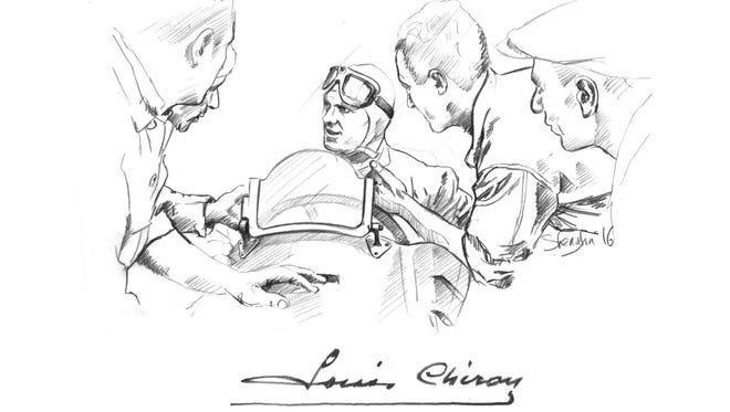 A sketch of Louis Chiron, a fabled Bugatti racer from the 20th century, the individual the new supercar is named for.