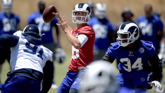 Los Angeles Rams quarterback Jared Goff throws a pass during minicamp at California Lutheran University.