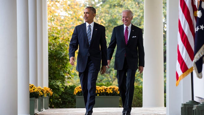 Obama and Biden prepare to speak to the media about Donald Trump's victory over Hillary Clinton for the presidency in the Rose Garden on Nov. 9, 2016.