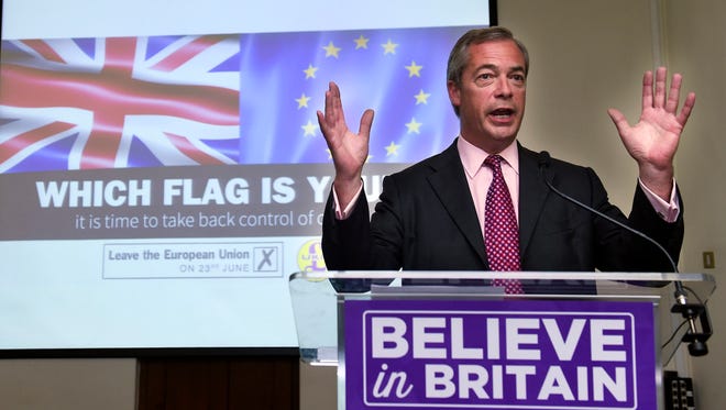 UK Independence Party (UKIP) leader Nigel Farage delivers a keynote speech in London on June 22, 2016.