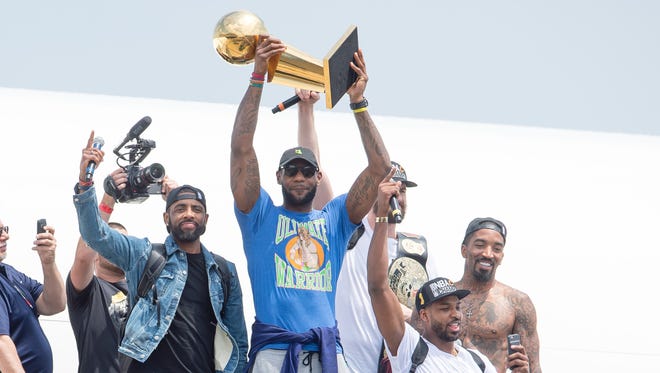 2016: Kyrie Irving, LeBron James, Tristan Thompson, Kevin Love and J.R. Smith of the Cleveland Cavaliers return to Cleveland after wining the NBA championship.