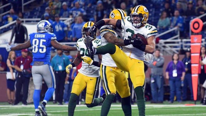 Packers strong safety Micah Hyde (33) celebrates an interception during the fourth quarter against the Lions.