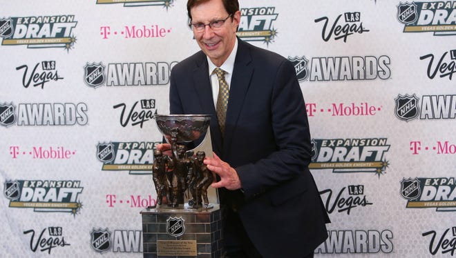 Jun 21, 2017; Las Vegas, NV, USA; Nashville Predators general manager David Poile wins the general manager of the year award during the 2017 NHL Awards and Expansion Draft at T-Mobile Arena. Mandatory Credit: Jerry Lai-USA TODAY Sports ORG XMIT: USATSI-360299 ORIG FILE ID:  20170621_jel_sl8_083.jpg