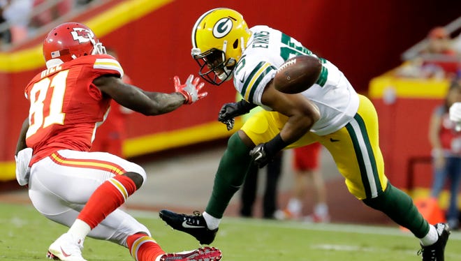 Green Bay Packers safety Marwin Evans (25) breaks up a pass intended for Kansas City Chiefs wide receiver Tyreek Hill.