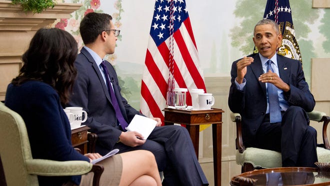 Obama is interviewed by Vox's Ezra Klein and Sarah Kliff at the Blair House in Washington on Jan. 6, 2017.