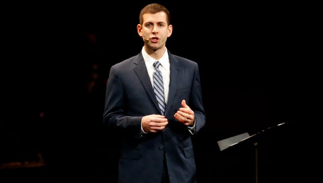 Former Butler Bulldogs now Boston Celtics head basketball coach Brad Stevens delivers the eulogy during a memorial for the late Andrew Smith held at Traders Point Christian Church in Whitestown on Jan. 17, 2015. Smith, a former Butler center who played in two Final Fours, died Tuesday at age 25 after a two-year battle with cancer.