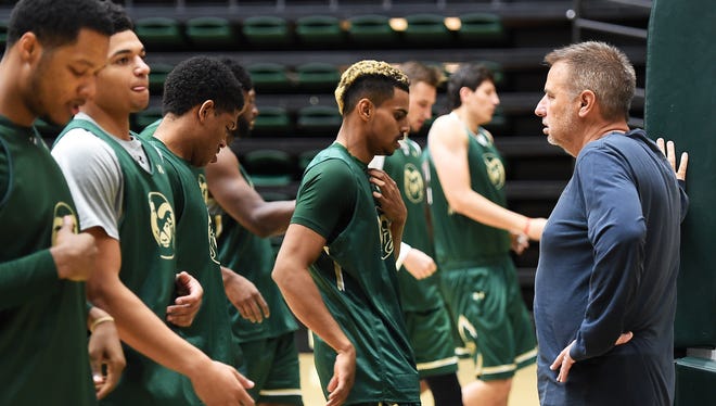 CSU basketball coach Larry Eustachy watches practice during the 2015 preseason.